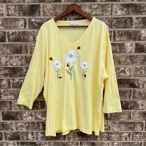 Vintage Tia Designs Women 2X Yellow Flower Lady Bug Rhinestone Embroidery Blouse